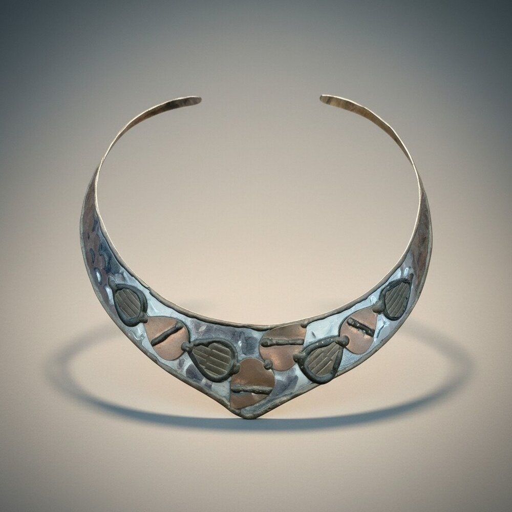 Artisan Hammered Copper Brass Collar Necklace Choker 70’s Boho Brutalist Rustic